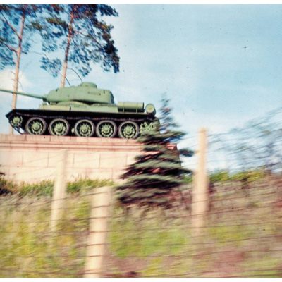 A Soviet tank on display in East Germany, seen from a US vehicle. Exact date unknown